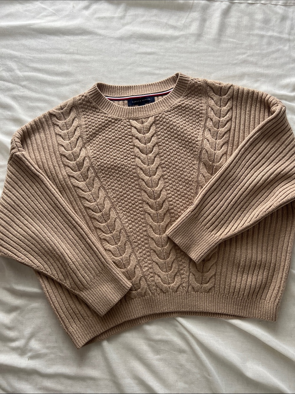 Tommy Hilfiger Men's Cable Knit Crewneck Sweater in Camel Brown